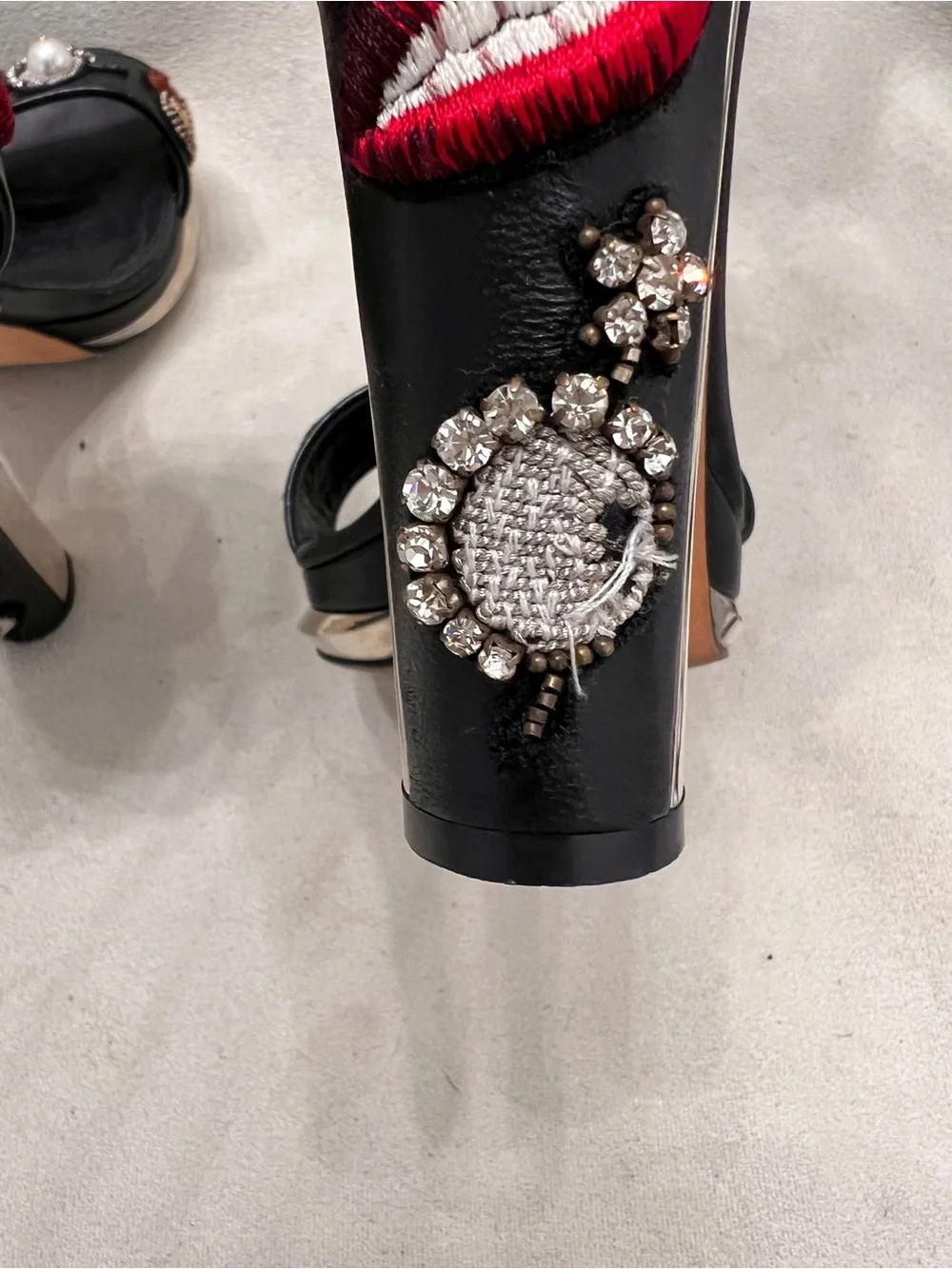 Alexander McQueen Leather Black Embellished Crystal & Embroidered Heel Sandals